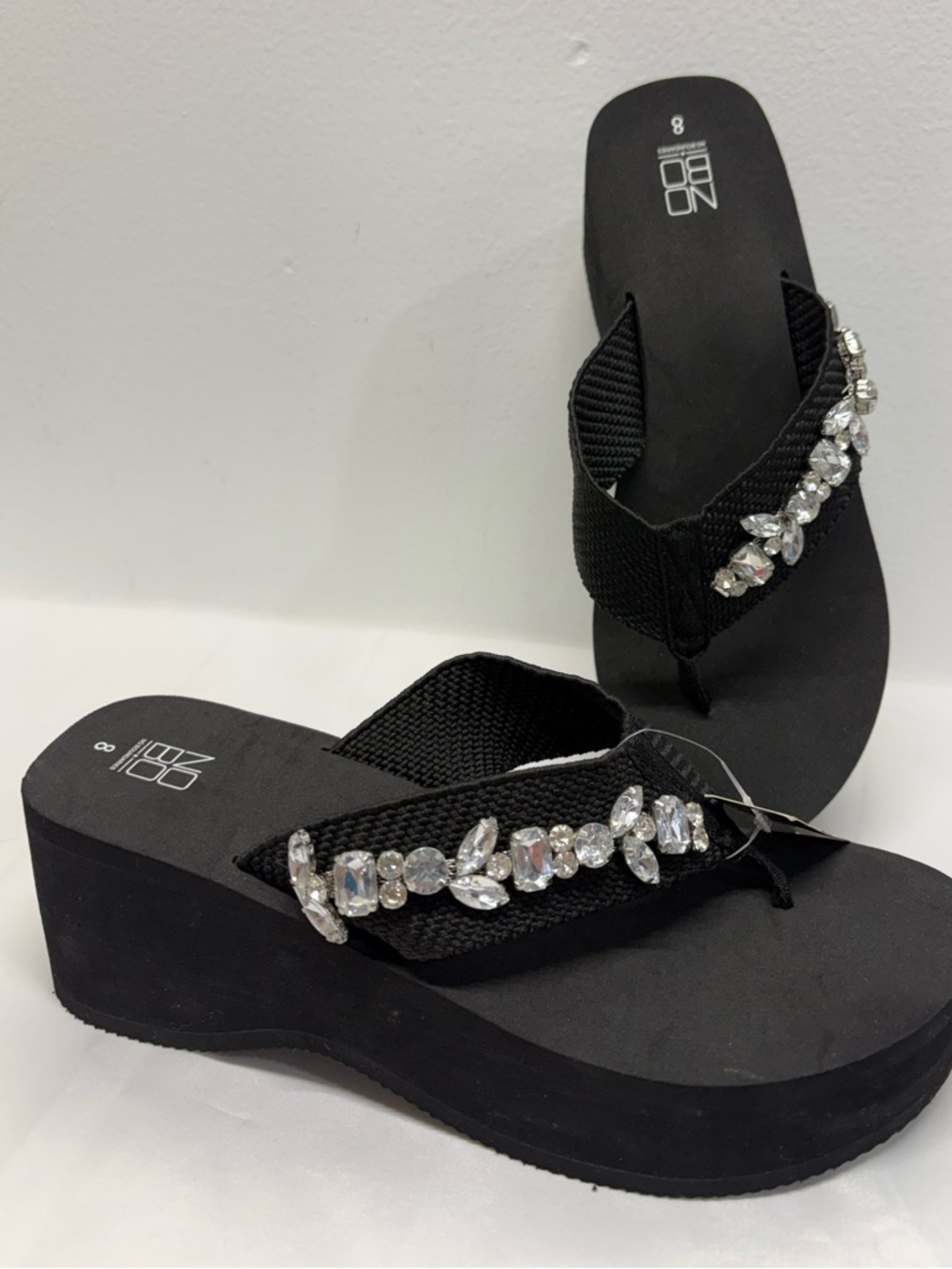 Black Jeweled Rhinestone Platform Thong Flip Flops Size 8